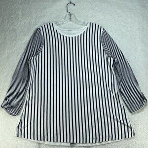 E.L.I. Sweater Womens Large White Black Stripe Cotton Blend Top Buttons Peru